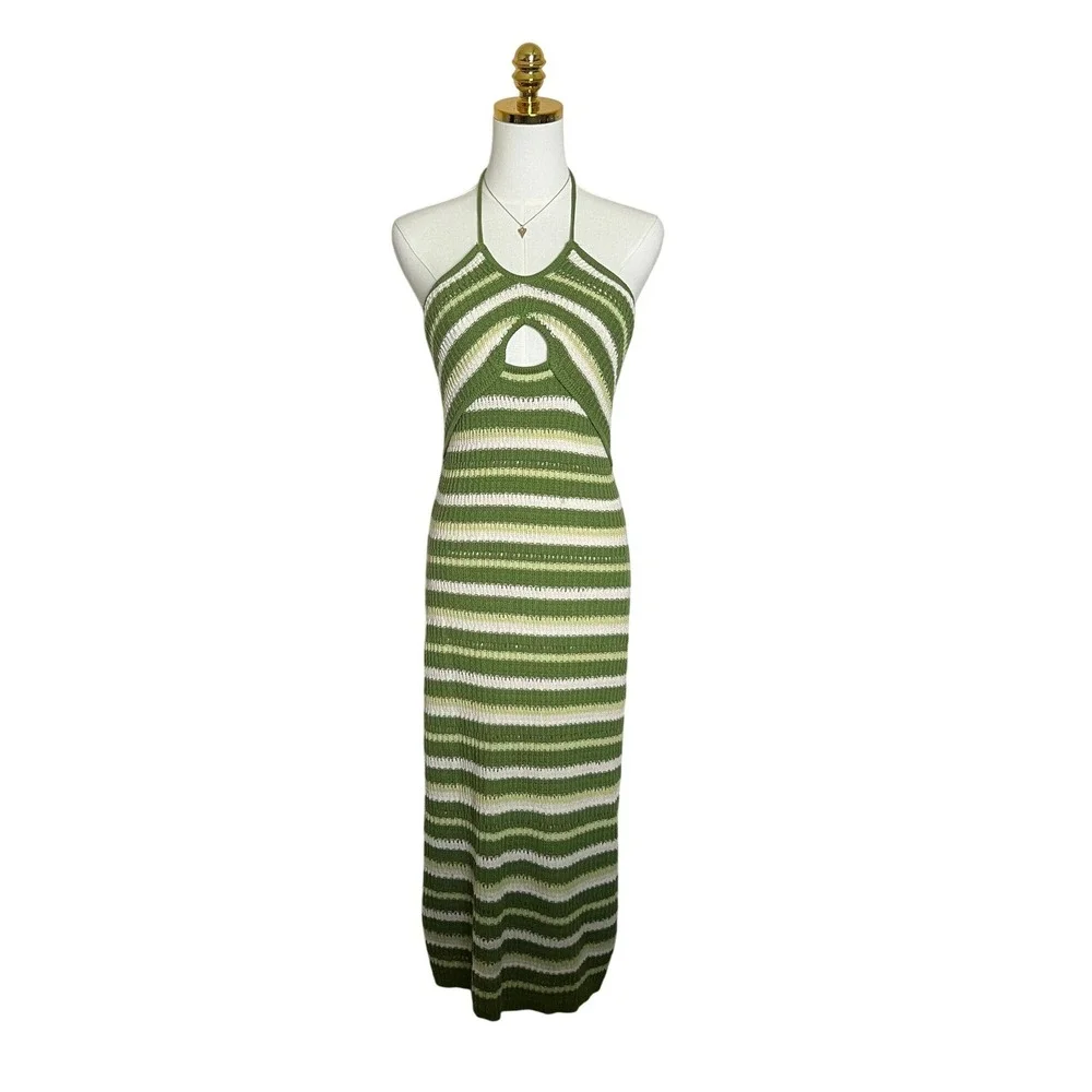 Sincerely Jules Green Striped Crochet Halter Midi Dress Keyhole Cutout Size M